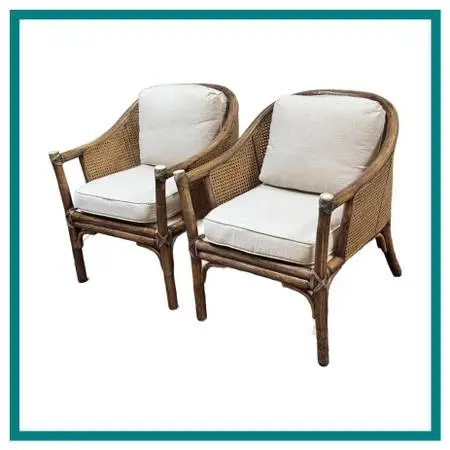 Mcguire Furniture Vintage Barrel Rattan & Cane Lounge Armchairs, Pair