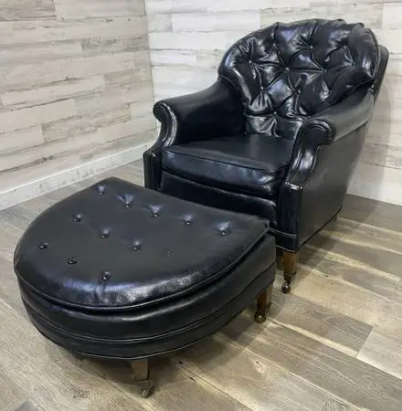 Mid century tufted black chair & ottoman - delivery available