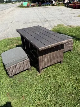 3-Piece Outdoor Wicker Patio Set – Table & 2 Cushioned Stools