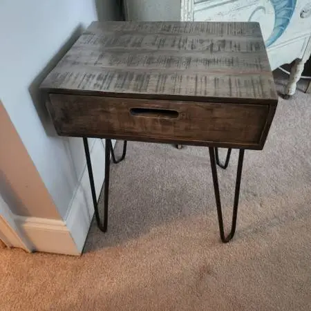 Pier One Solid Gray Table with Drawer and Iron Legs
