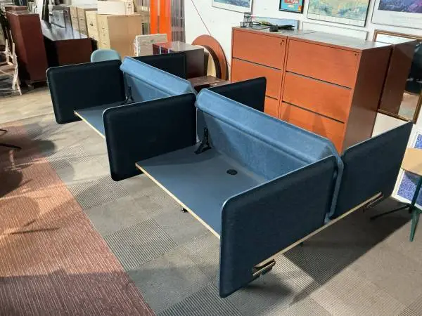 Pod of 4 Benching System w Dividers in Navy Fabric Finish & Blue Tops