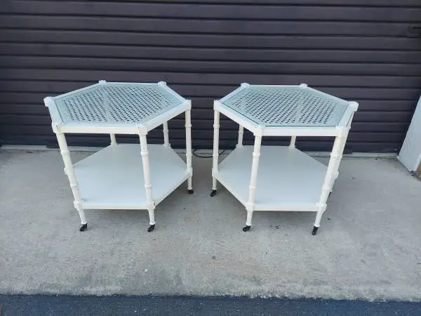 Vintage Pair of Faux Bamboo Hexagonal End Tables with Caned Tops.