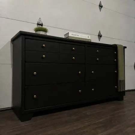 HUGE 6-Drawer Solid Wood Dresser – Black w/ Gold Hardware