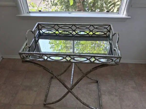 Silver patina mirrored bar/serving tray with stand