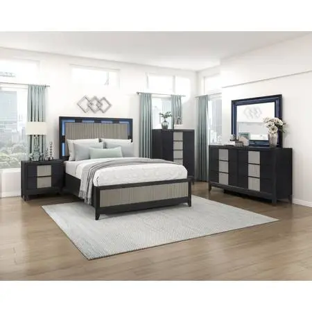 Charcoal and grey queen bedroom with LED headboard and mirror