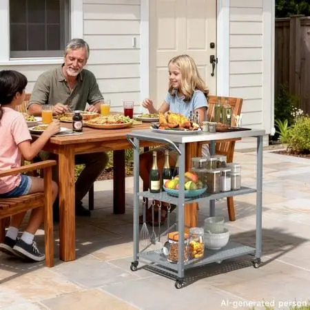 3-Tier Folding Outdoor Grill Table, Rolling Pizza Oven Table with 27 x 18 Stai