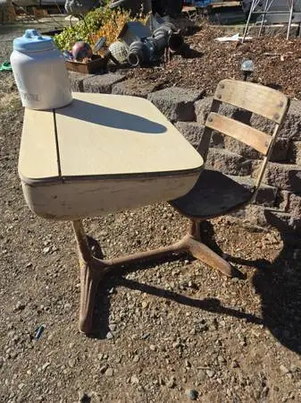 Mid-Century Childrens Young Adult School Desk w/ Attached Chair - Met