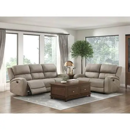 Microfiber reclining sofa and loveseat in brown or grey