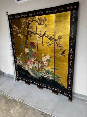 Vintage Chinese Coromandel Style 4-Panel Folding Screen Room Divider. 6 Ft Tall