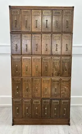 Antique Style Oak Card Catalog File Cabinet with 10 Filing Drawers