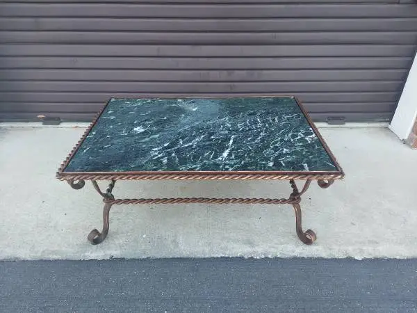 Vintage Italian Rope Twist Iron and Green Marble Coffee Table.