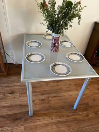 Table Dining Breakfast glass top metal base Table 4 ft  wide Modern