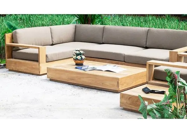Outdoor patio teak sectional sofas and dining tables, furniture