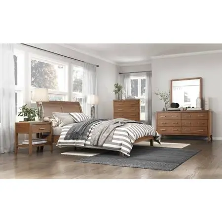 Low profile queen platform bedroom in light brown wire-brushed finish