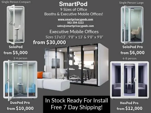 Privacy Pods and Office Booths- 9 Sizes, Free 7 Day Shipping