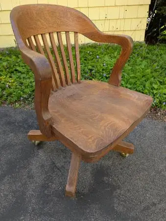 Antique Oak Swivel Banker Chair Vintage Wood Office desk