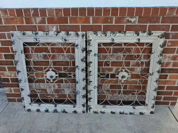Vintage Pair Painted Metal Decorative Wall Décor Stamped Design Around