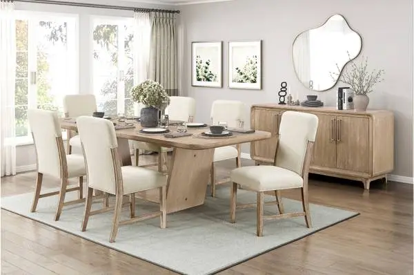 Rustic transional oak extension dining table with 6 upholstered chairs