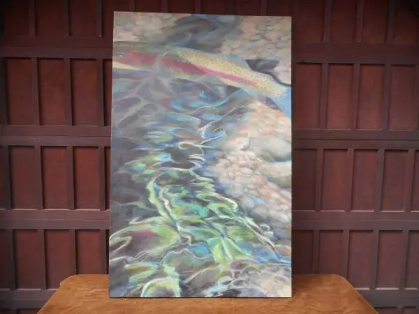 River Trout Huge Artwork Painting 42 x 66H Signed Not Legible
