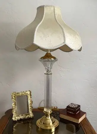 Vintage Brass and Crystal Table Lamp with Scalloped Shade