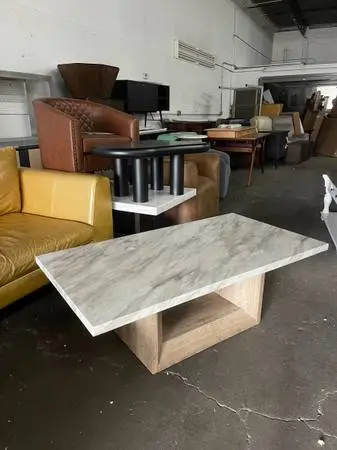 Faux Marble Top & Natural Wood Finish Pedestal Base Coffee Table