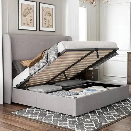 Queen Bed Frame with Lift Up Storage, Linen Upholstered Platform Bed