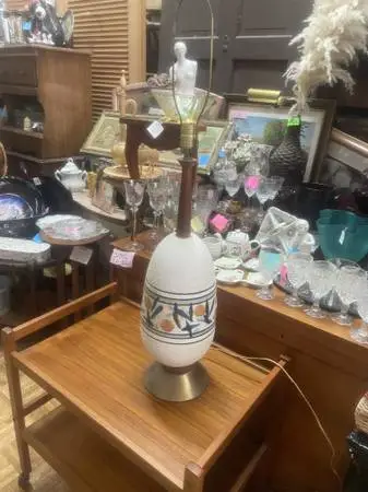 Vintage mid century modern tiki pottery and wood lamp