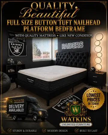 🛏️ LIKE NEW FULL SIZE UPHOLSTERED PLATFORM BED + MEMORY FOAM HYBRID MATTRES