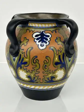 Antique Gouda Ceramic Pottery Vase Made in Holland Rhodian Pattern
