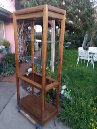 TALL WOOD AND GLASS SHELF LIGHTED