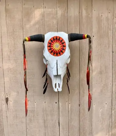 Hand Painted Real Bull Skull with Horns Native American Style Red War Bonnet Des