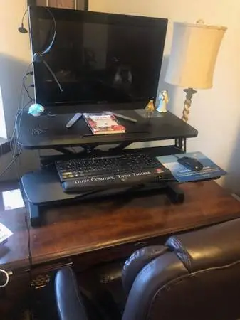 Dark Wood Writing Desk PLUS Sit/Stand Converter PLUS Printer Cart