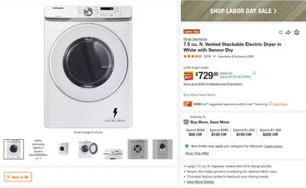 New Samsung 7.5 cuft Vented Stackable Electric Dryer White DVE45T6000W