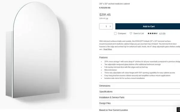 New Kohler Medicine Cabinet 20x31 2026 R33291 Arched SALE 50% OFF