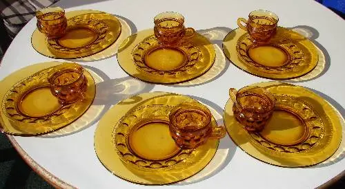 Vintage Mid Century Amber Glass Luncheon Set for 6.