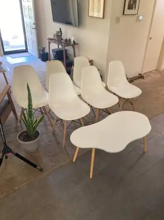 6 mid century modern assembled chairs and table