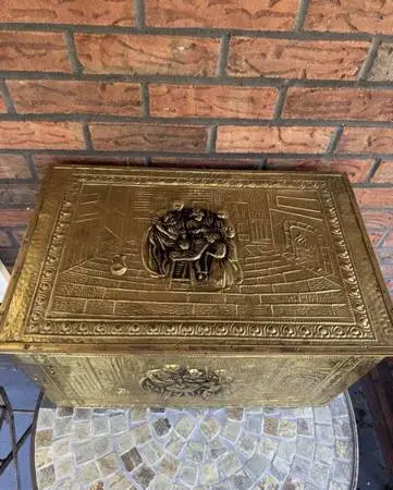 Vintage Embossed Brass Coal Tinder Kindling Fireplace Scuttle Box Repo
