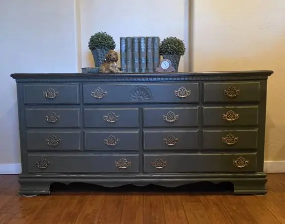 Newly Refinished Dark Green Long Dresser w/ Stained Top
