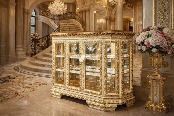 Gorgeous Luxury Gold Dining Display Cabinet – Wood Top