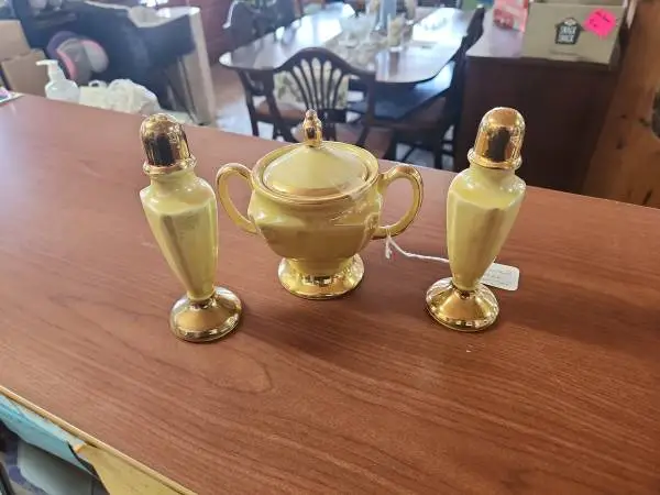 CG Warranted 22k Gold Yellow Pearl Sugar Bowl, Salt & Pepper Shakers
