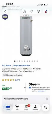 AO Smith 50 gallon natural gas hot water heater tank
