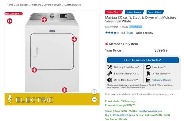 New 2026 Maytag 7.0 cu Electric Dryer Moisture Sensing White MED6200KW