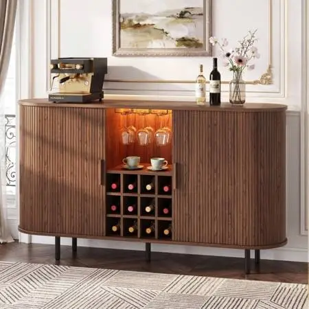 55 Wine Bar Cabinet with LED Light,Modern Liquor Whiskey Coffee Station with Wi