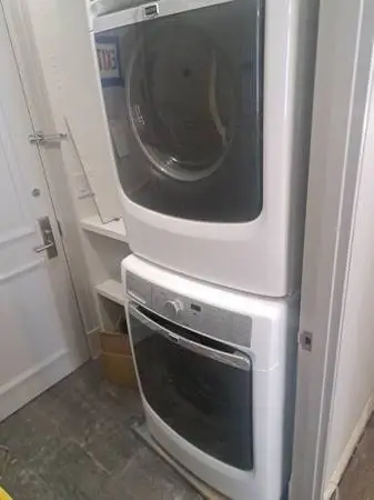 Maytag White Front Load Washer and Dryer Electric 220 Set 27” Wide