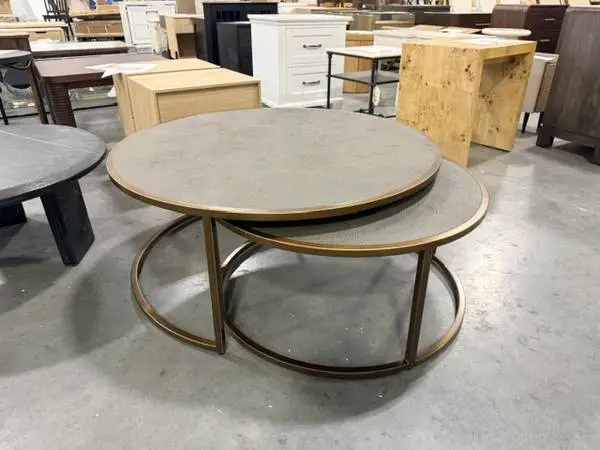 Four Hands Gray Shagreen Nesting Coffee Table Antique Brass Frame