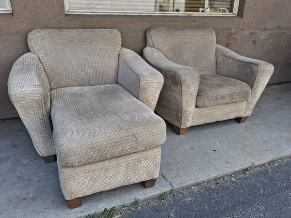 Pair of Beige Textured Fabric Armchairs - One Chaise Lounge and 1 acce