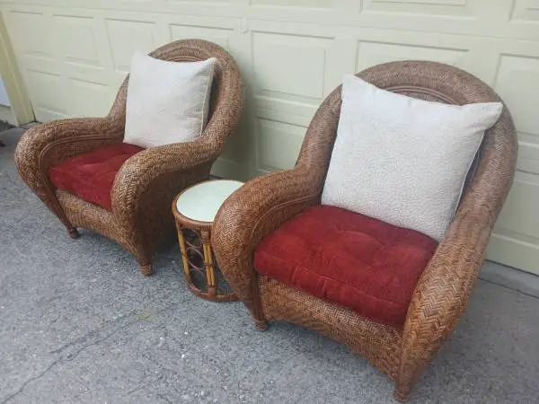 POTTERY BARN PAIR OF MALABAR ARMCHAIRS with cushions, optional table