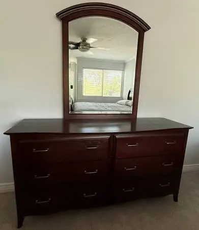 Dark Burgundy Wood . 6-Drawer Dresser with Wood Framed Beveled Mirror