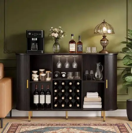 55 Modern Wine Bar Cabinet with Smooth Sliding Door & LED Lights