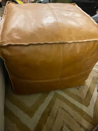 CB2 BROWN LEATHER POUFFE OTTOMAN
